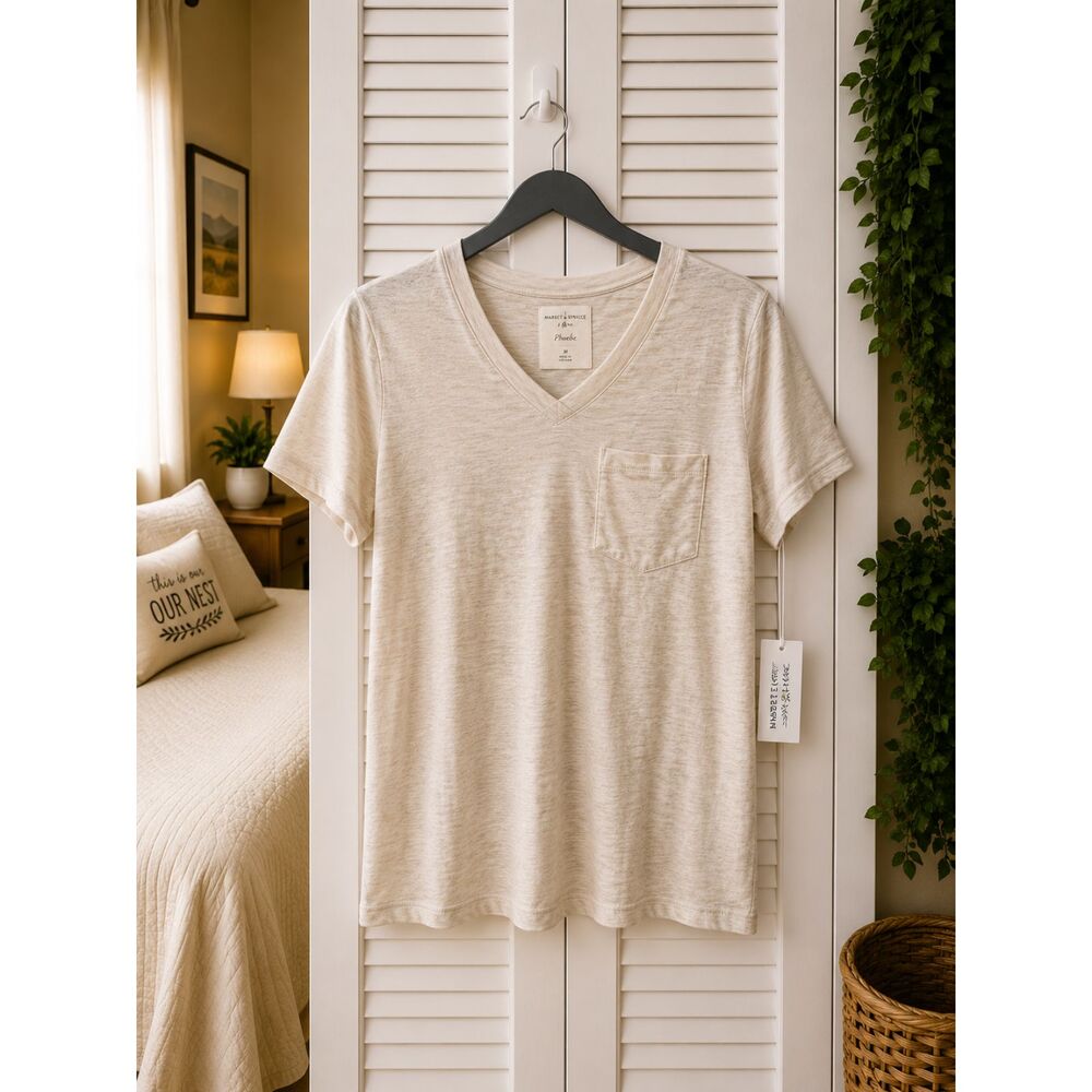 Market & Spruce Phoebe Pocket Detail V-Neck Tee Beige Medium NWT